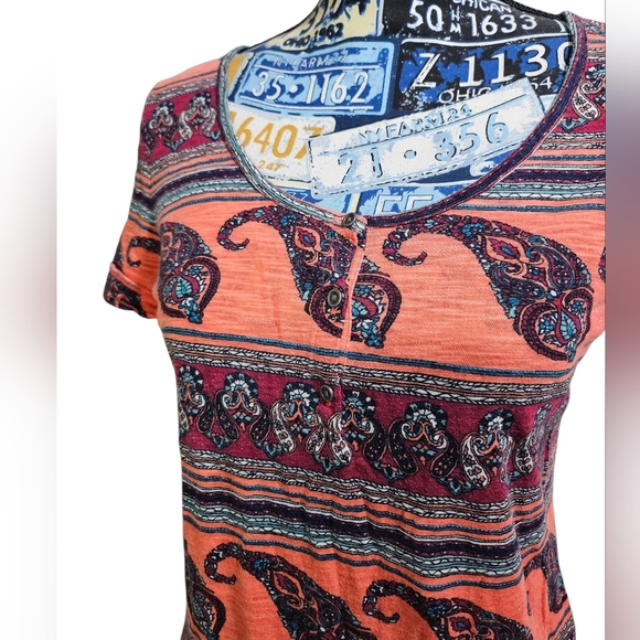 Lucky Brand Salmon Tribal Aztec Henley Shirt Medium - Picture 2 of 8